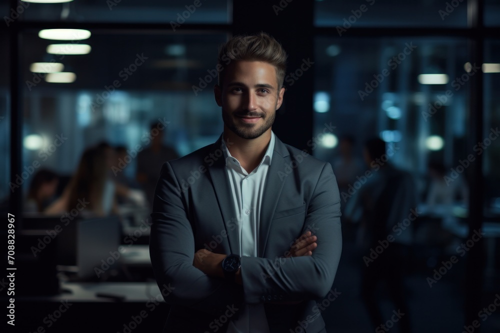 Fototapeta premium Portrait of a handsome CEO businessman smiling at modern office, Generative AI