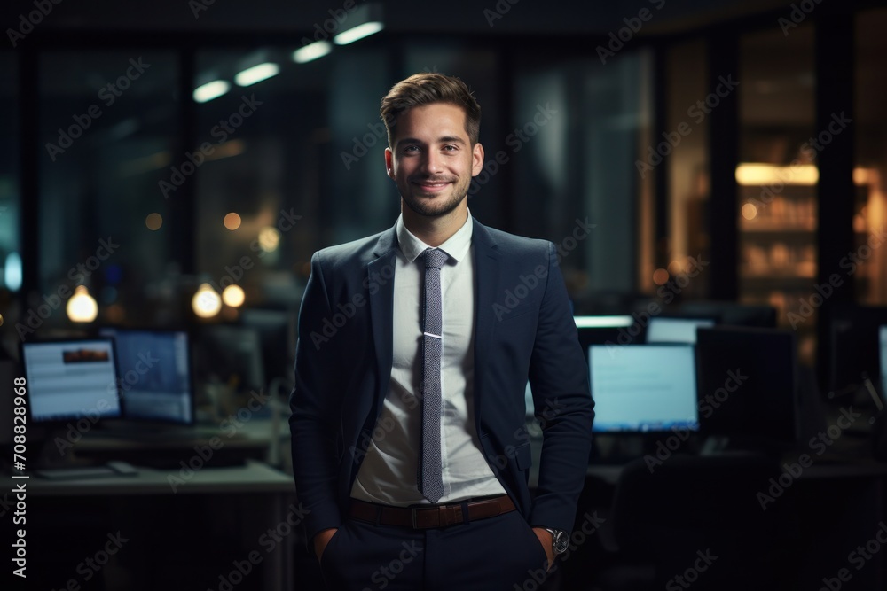 Fototapeta premium Portrait of a handsome CEO businessman smiling at modern office, Generative AI