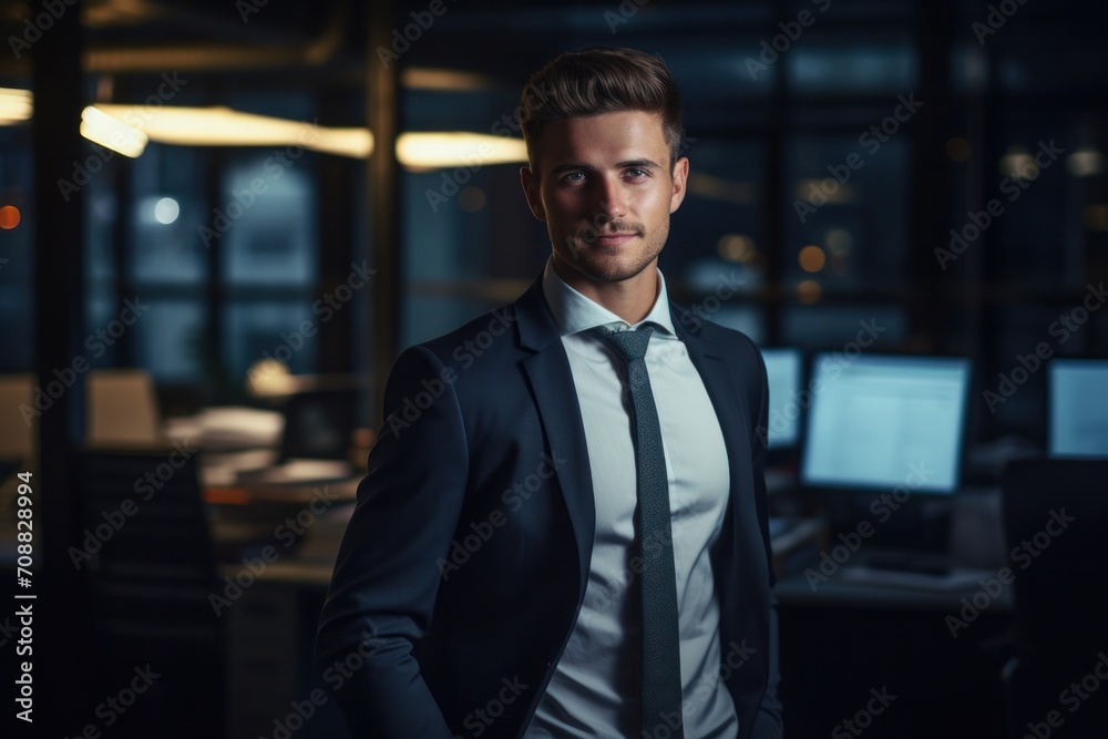 Portrait of a handsome CEO businessman smiling at modern office, Generative AI Portrait of a handsome CEO businessman smiling at modern office, Generative AI