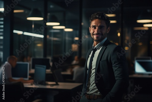 Portrait of a handsome CEO businessman smiling at modern office, Generative AI