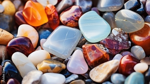 Beach gemstones, precious colorful stones close up background texture, Generative AI