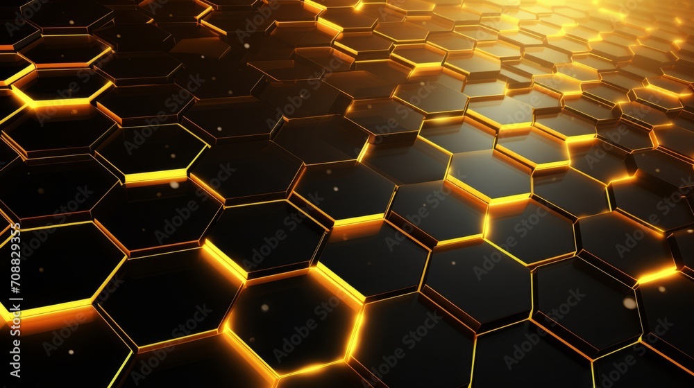 Futuristic Hexagonal Golden Grid Illuminated with a Warm Glow on a Dark Background Futuristic Hexagonal Golden Grid Illuminated with a Warm Glow on a Dark Background