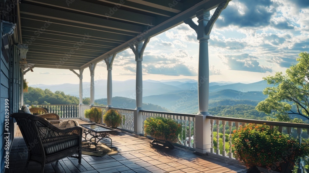 Tranquil morning light setting Porch view, mountain landscape, tranquil setting, morning light, serene atmosphere, rustic charm, leisure concept