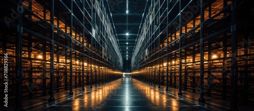 Symmetrical view of a rack in a warehouse.