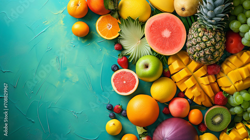 ropical and Citrus Fruits on Turquoise Background photo