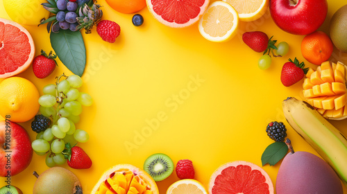  A curated selection of fruits, from berries to citrus, on a radiant golden yellow background. generate ai