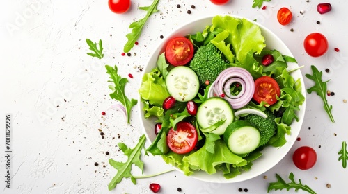 Fresh Vegetable Salad with Tomatoes, Cucumbers, and Mixed Greens on a White Background