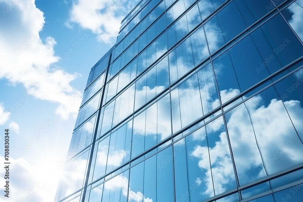 Obraz premium Blue glass skyscraper reflecting clouds