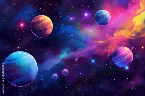 Fantasy Cosmos with Colorful Planets in Vibrant Galactic Space