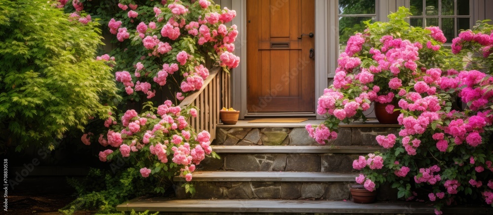 Rose bushes and flagstone steps guide visitors to an elegant wood grain front door of a house surrounded by a garden.