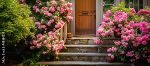 Rose bushes and flagstone steps guide visitors to an elegant wood grain front door of a house surrounded by a garden.