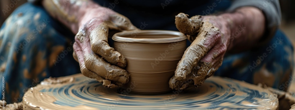 Dirty male hands sculpt mug with ceramic clay on potter's wheel