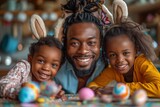 joyful father, adorned with playful bunny ears, shares a lively Easter crafting session with his two daughters, their smiles infectious.