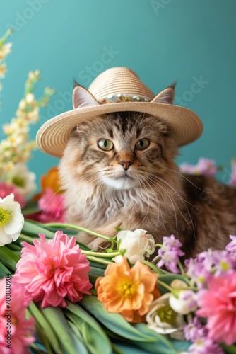 Cute fluffy cat in hat with fresh spring flowers