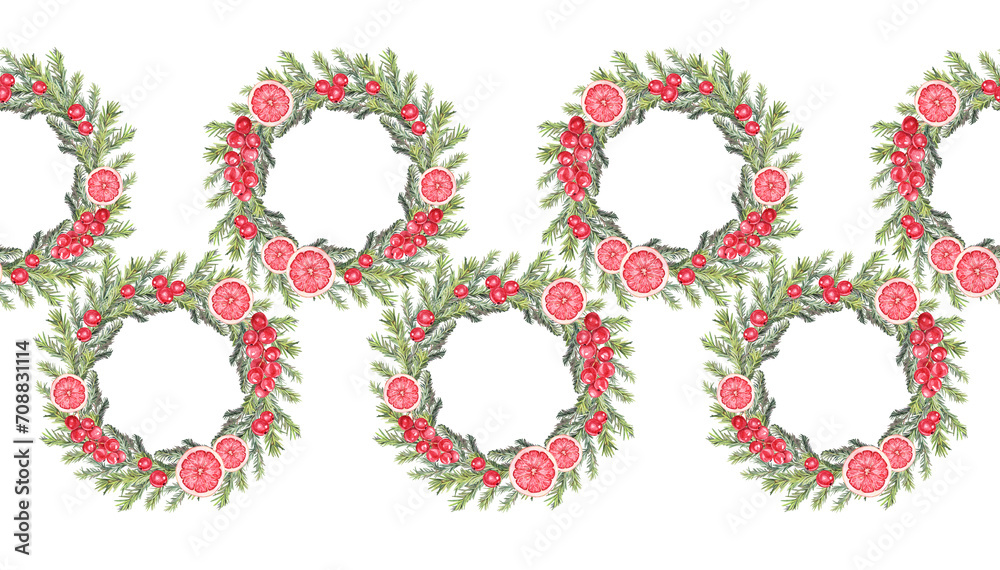 Seamless rim with watercolor green christmas tree fir wreath with red berries and grapefruit on white background. Circle frame template. Hand-drawn border with copy space for new year celebration