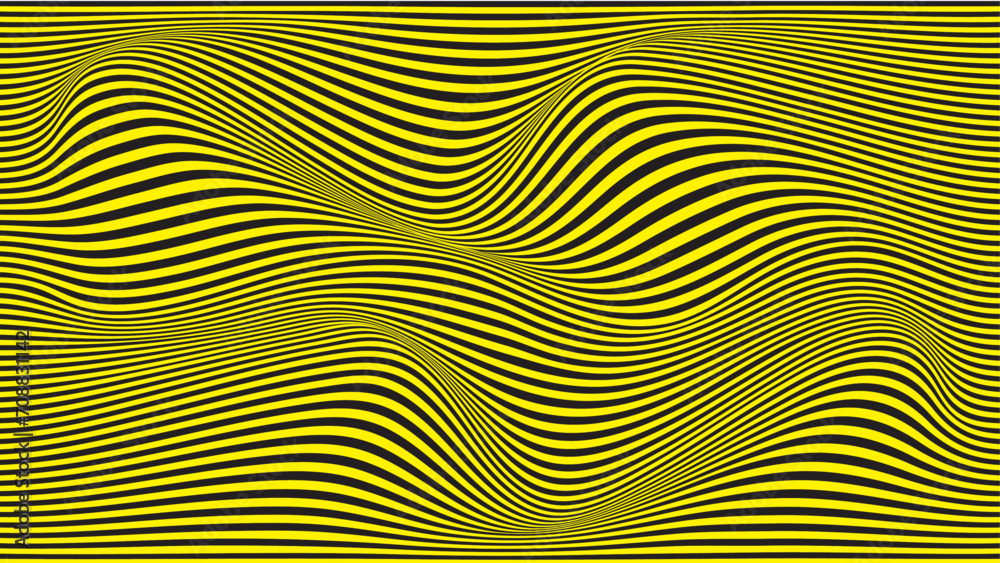 Wave design black and yellow. Digital image with a psychedelic stripes. Vector illustration Abstract pattern. Texture with wavy, curves lines. Optical art background.