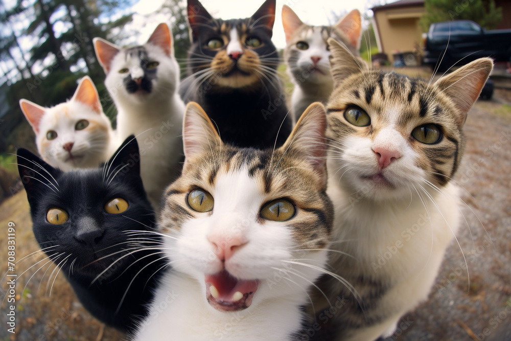 group of cute cats taking selfie