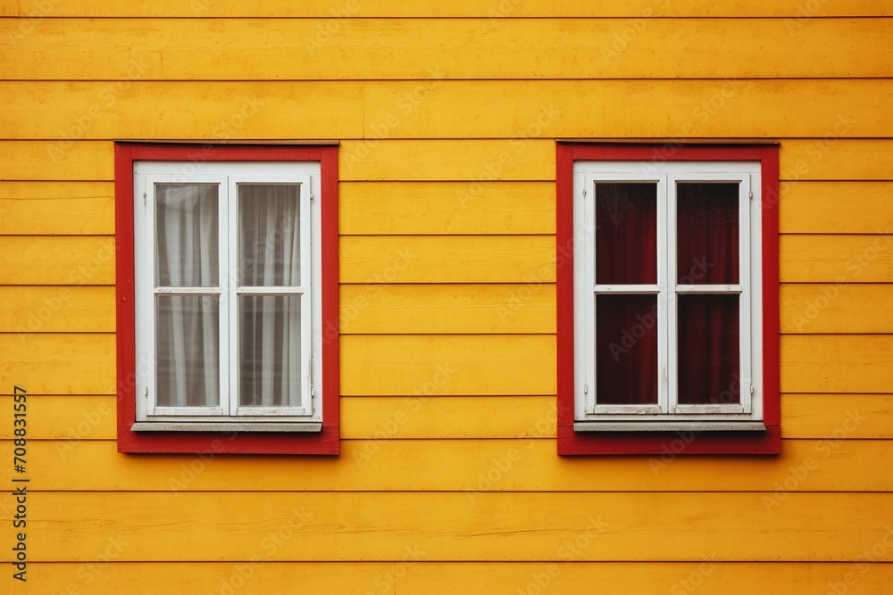 Two windows in a yellow wooden house in Reykjavik, Iceland