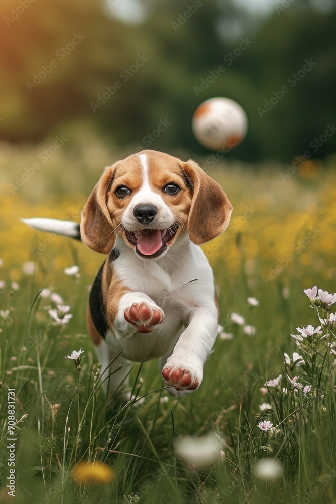joyful beagle puppy is having fun playing with a ball in the meadow