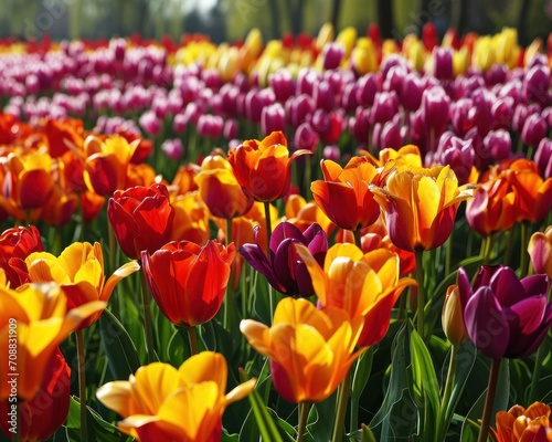 Nature background spring flowers Vibrant Tulip Field in Full Bloom - Colorful Spring Flowers Basking in Sunshine
