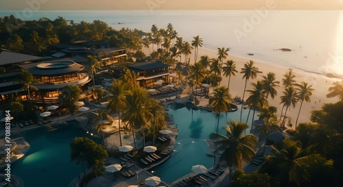 Aerial view of luxury hotels and resorts on tropical sea beach at sunset photo