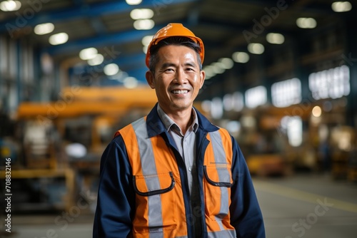 Portrait of a happy Asian male worker in a hard hat and safety vest standing in a factory