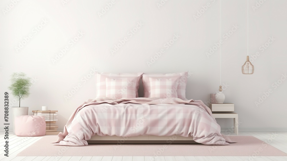 Light, cute and cozy home bedroom interior with unmade bed, pink plaid and cushions on empty white wall background. 3D rendering