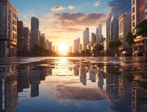 3D Rendering of sunset with city buildings and reflection on wet street puddles. For car or product advertising background