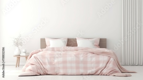 Light  cute and cozy home bedroom interior with unmade bed  pink plaid and cushions on empty white wall background. 3D rendering