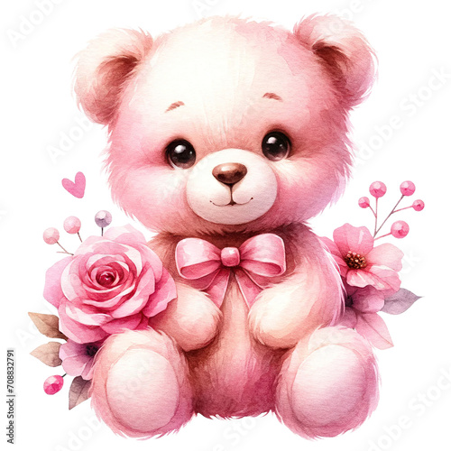 pink teddy bear with flowers watercolor clip art preview