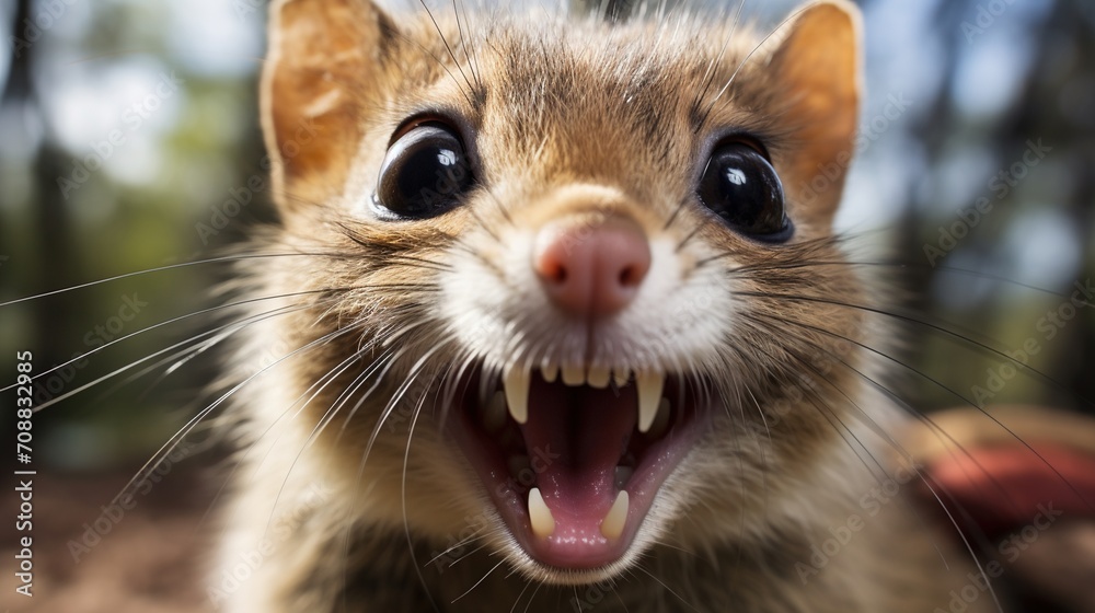 A close-up of a quokka with its mouth open A close-up of a quokka with its mouth open