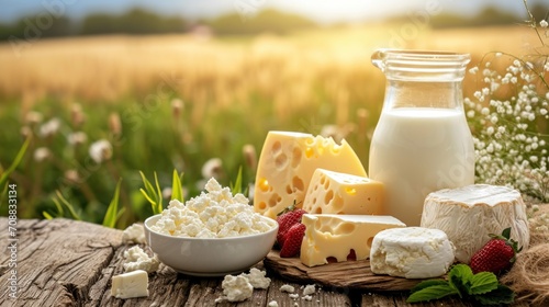 Milk and several types of cheese and cottage cheese on a wooden table on a farm against a field, dairy farm products photo