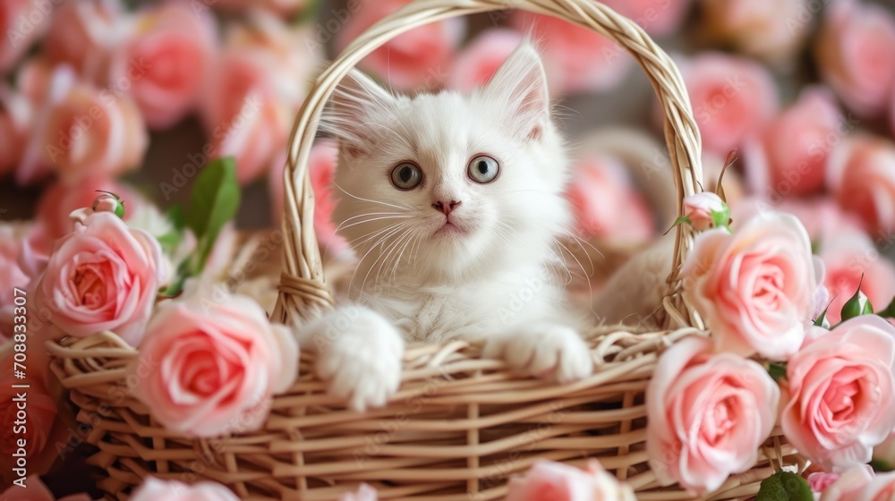 Small white kitten in the basket with pink roses. Kitty and flowers Small white kitten in the basket with pink roses. Kitty and flowers