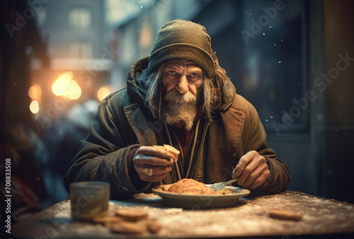 Homeless man sitting on the street and eating