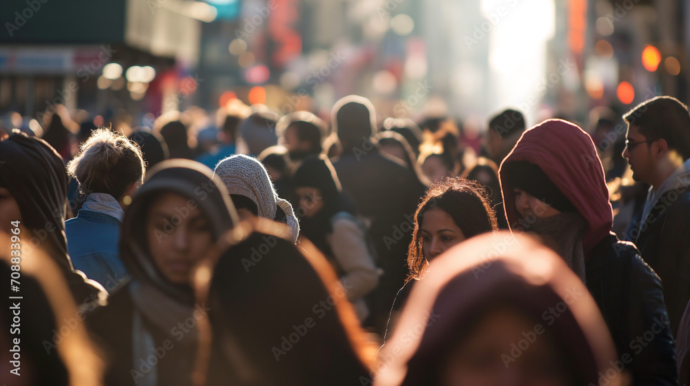 A bustling city street scene during morning rush hour, softly focused on diverse crowd - obrazy, fototapety, plakaty 