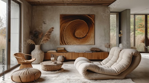 Captivating modern living room bathed in dawn's morning light through a stylish window