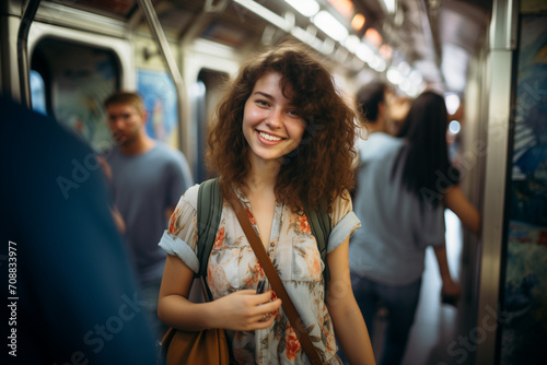 A beautiful woman is smiling while standing in a subway car. Generative Ai.

