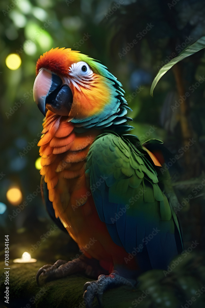 Beautiful colorful macaw parrot sitting on a tree branch.