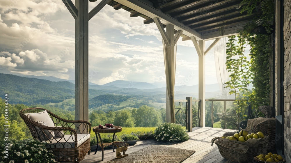 Idyllic Countryside Veranda Relaxing porch mountain view Porch with mountain view, wooden rocking chair, table with teapot, white columns, greenery, blooming flowers, rolling hills, clear sky Idyllic Countryside Veranda Relaxing porch mountain view Porch with mountain view, wooden rocking chair, table with teapot, white columns, greenery, blooming flowers, rolling hills, clear sky