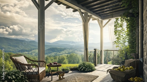 Idyllic Countryside Veranda Relaxing porch mountain view Porch with mountain view, wooden rocking chair, table with teapot, white columns, greenery, blooming flowers, rolling hills, clear sky