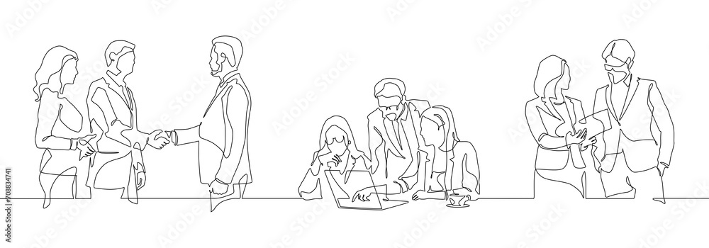 Continuous one line drawing group of a business team. Group of office workers. Continuous one line drawing group of a business team. Group of office workers.