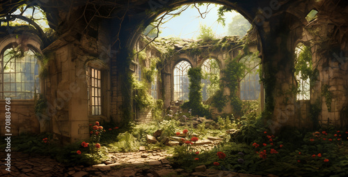 old church in the woods, old abandoned church, abandoned garden In ruins Photo realism