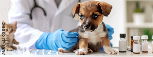 Veterinary examination of dogs and cats, Puppy and kitten at the veterinarian. Animal clinic. Pet screening and vaccinations, Healthcare
