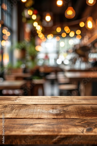 Wooden table blurred background of restaurant of cafe with bokeh