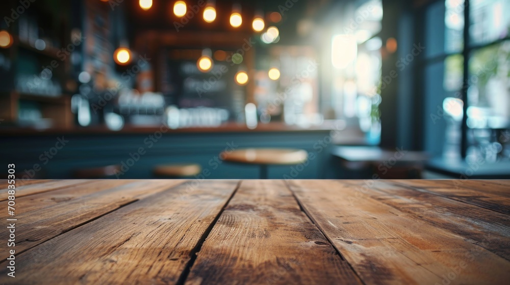 Wooden table blurred background of restaurant of cafe with bokeh