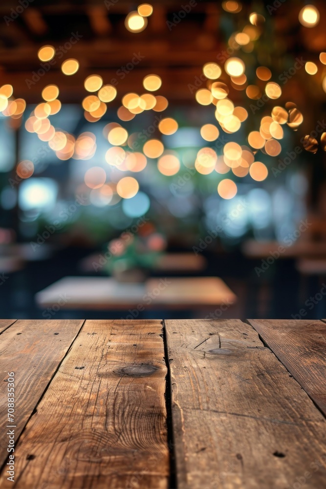 Wooden table blurred background of restaurant of cafe with bokeh Wooden table blurred background of restaurant of cafe with bokeh