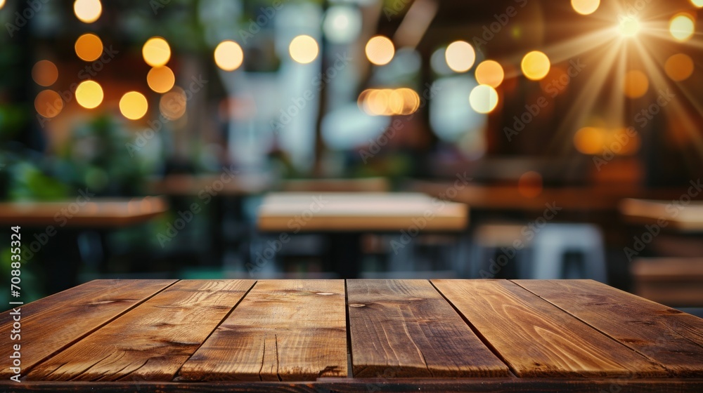 Wooden table blurred background of restaurant of cafe with bokeh - obrazy, fototapety, plakaty 
