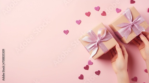 Charming Woman's Day Gift Composition with Elegant Boxes, Pink Ribbon, Hearts, and Prairie Gentian Flowers on Pastel Pink Background - Celebration Concept with Copyspace for Special Occasions and Holi