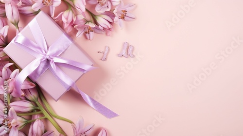 Charming Woman's Day Gift Composition with Elegant Boxes, Pink Ribbon, Hearts, and Prairie Gentian Flowers on Pastel Pink Background - Celebration Concept with Copyspace for Special Occasions and Holi © sunanta