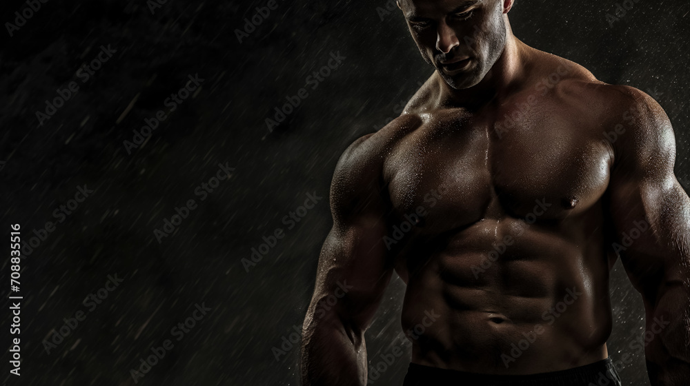 Muscular man's torso in dramatic gym lighting.